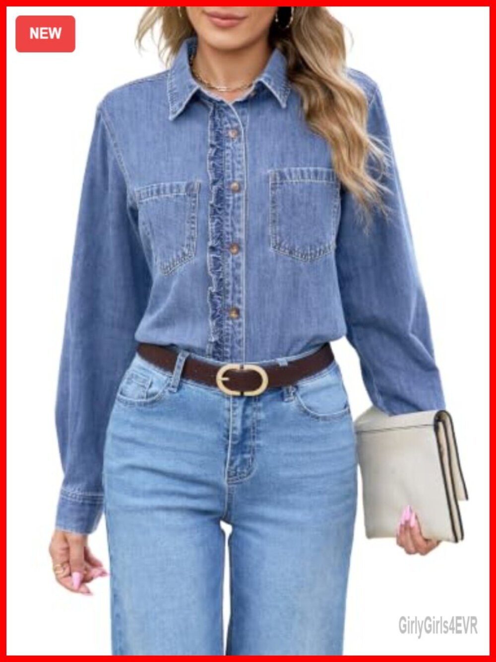 Ruffle Trim Button Down Denim Shirt Long Sleeve Collared Blouse